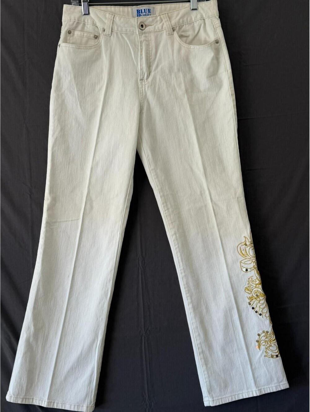 Blue IDentity Women’s Pants Size 10 Beige Straight Leg Embroidered Hem Studded P